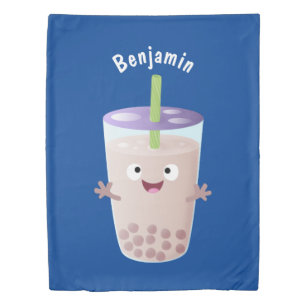 Cute happy bubble tea boba cartoon character duvet cover