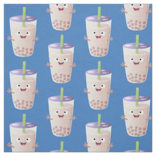 Cute happy bubble tea boba cartoon character fabric
