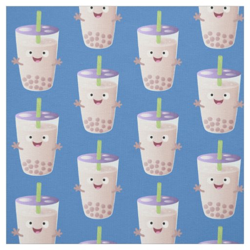Cute happy bubble tea boba cartoon character fabric