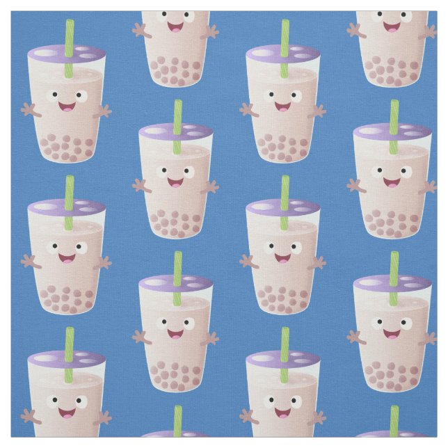 Cute happy bubble tea boba cartoon character fabric (Swatch)