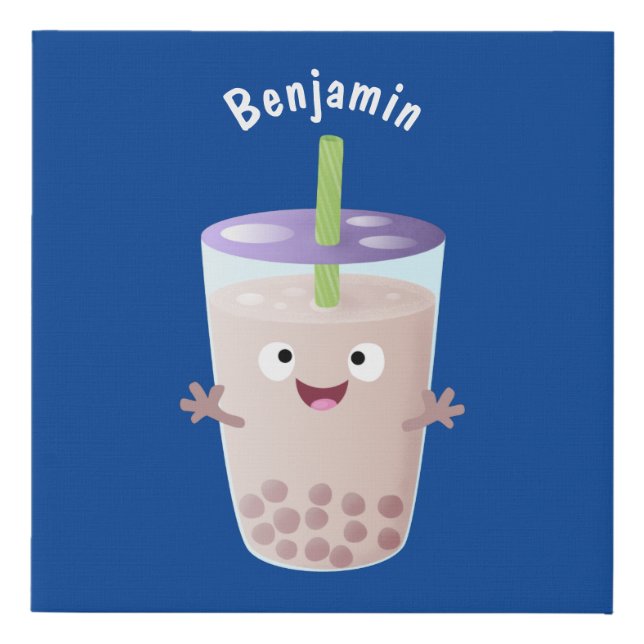 Cute happy bubble tea boba cartoon character faux canvas print (Front)