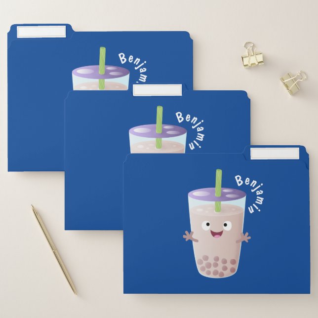 Cute happy bubble tea boba cartoon character file folder (Set)