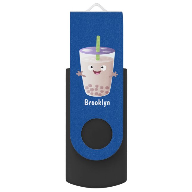 Cute happy bubble tea boba cartoon character flash drive (Front Vertical)
