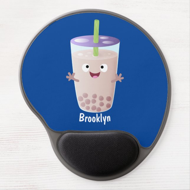 Cute happy bubble tea boba cartoon character gel mouse pad (Front)