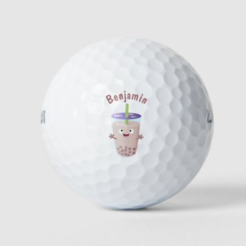 Cute happy bubble tea boba cartoon character golf balls