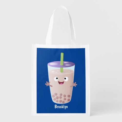 Cute happy bubble tea boba cartoon character grocery bag