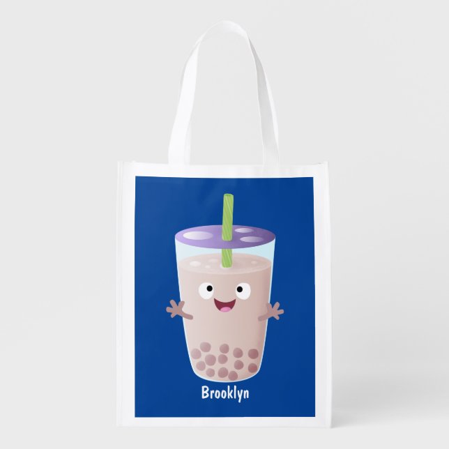 Cute happy bubble tea boba cartoon character grocery bag (Front)