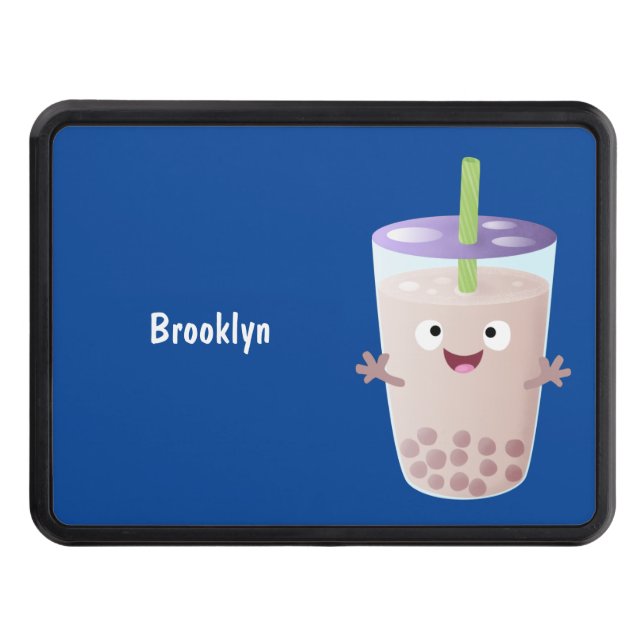 Cute happy bubble tea boba cartoon character hitch cover (Front)
