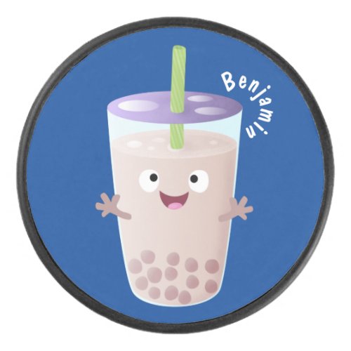 Cute happy bubble tea boba cartoon character hockey puck