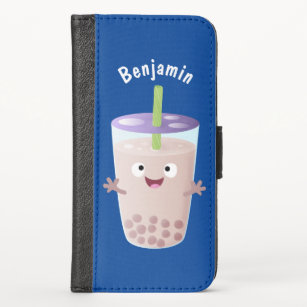 Cute happy bubble tea boba cartoon character iPhone x wallet case