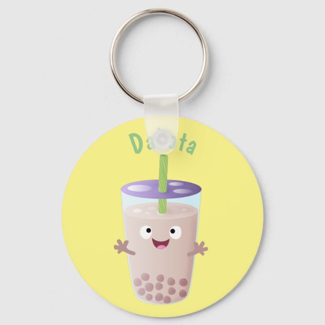 Cute happy bubble tea boba cartoon character keychain (Front)