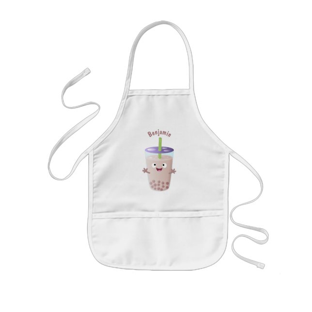 Cute happy bubble tea boba cartoon character  kids' apron (Front)