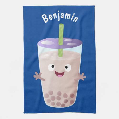 Cute happy bubble tea boba cartoon character kitchen towel