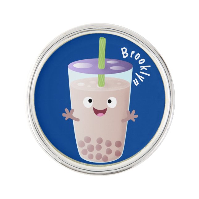 Cute happy bubble tea boba cartoon character lapel pin (Front)