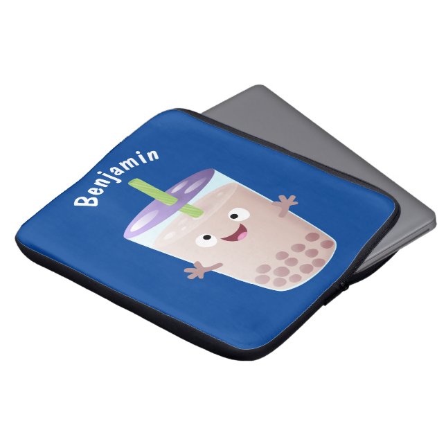 Cute happy bubble tea boba cartoon character laptop sleeve (Front Top)