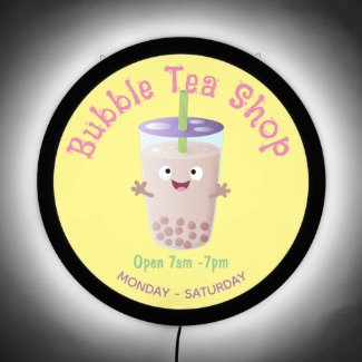 Cute happy bubble tea boba cartoon character LED sign