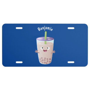 Cute happy bubble tea boba cartoon character license plate