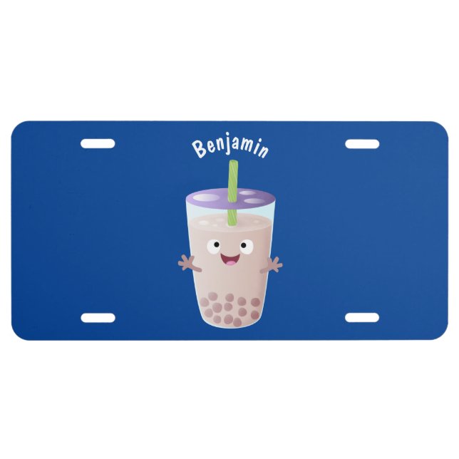 Cute happy bubble tea boba cartoon character  license plate (Front)