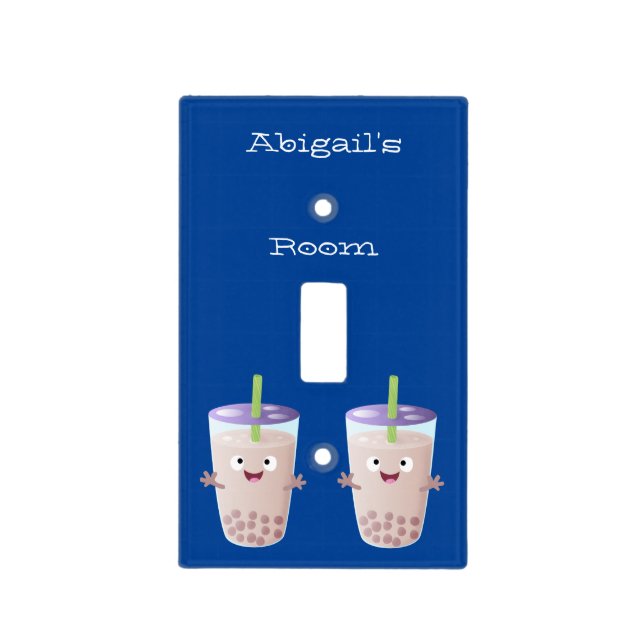 Cute happy bubble tea boba cartoon character light switch cover (Front)