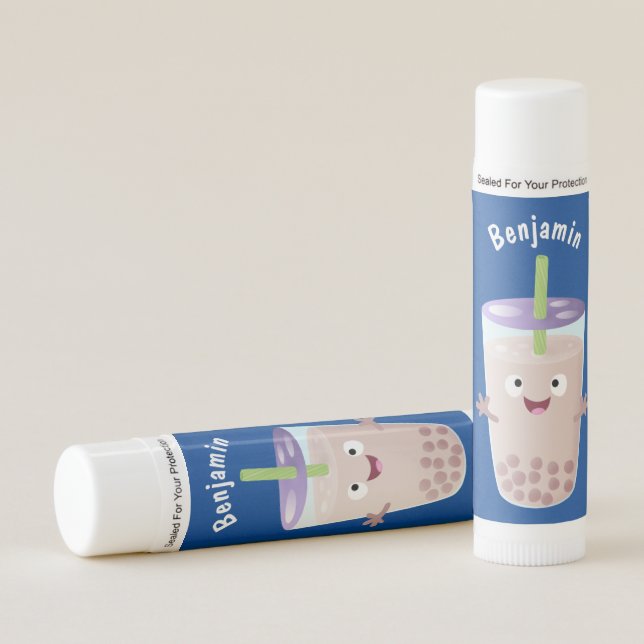 Cute happy bubble tea boba cartoon character lip balm (Front)