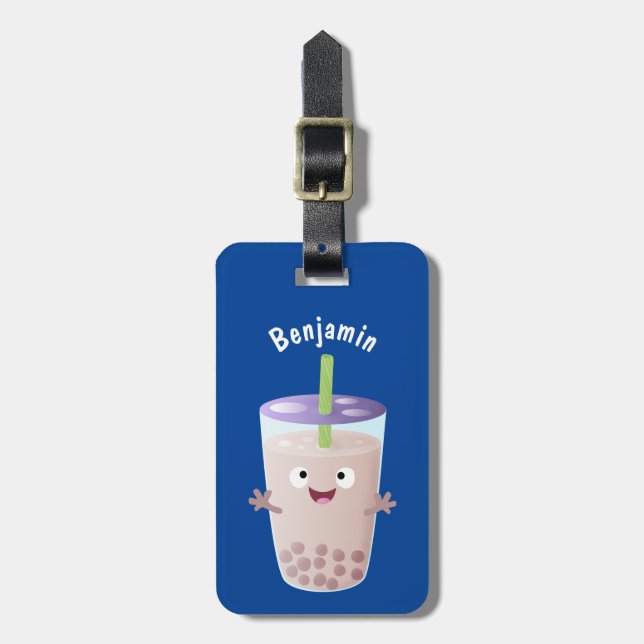 Cute happy bubble tea boba cartoon character luggage tag (Front Vertical)