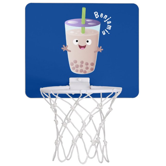 Cute happy bubble tea boba cartoon character mini basketball hoop (Front)