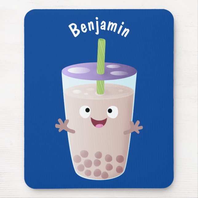 Cute happy bubble tea boba cartoon character mouse pad (Front)