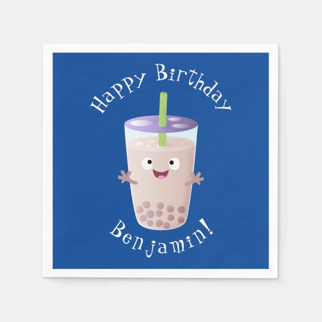 Cute happy bubble tea boba cartoon character napkins (Front)