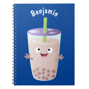 Cute happy bubble tea boba cartoon character notebook