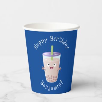 Cute happy bubble tea boba cartoon character paper cups | Zazzle