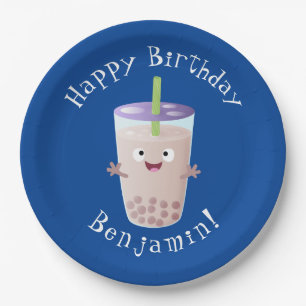 Cute happy bubble tea boba cartoon character paper plates