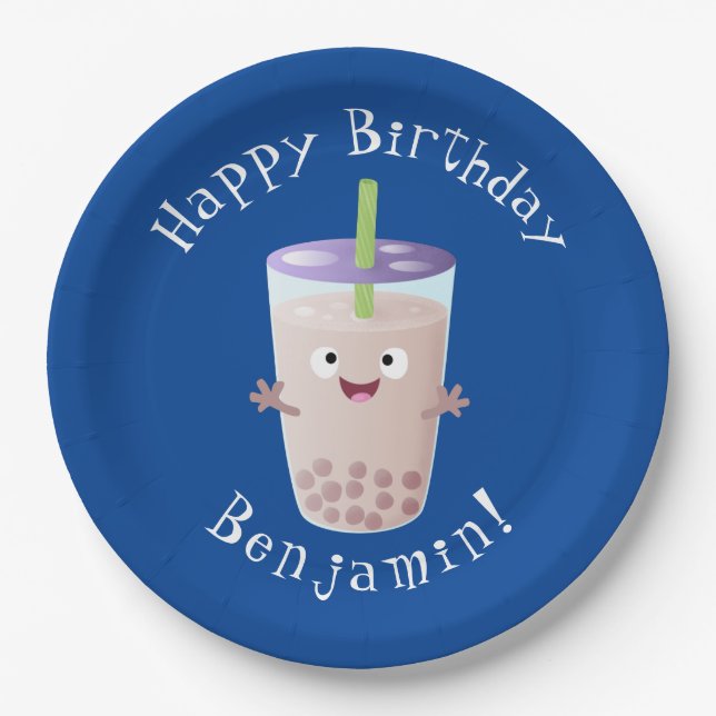 Cute happy bubble tea boba cartoon character paper plates (Front)