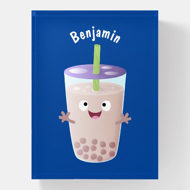 Cute happy bubble tea boba cartoon character paperweight (Vertical)