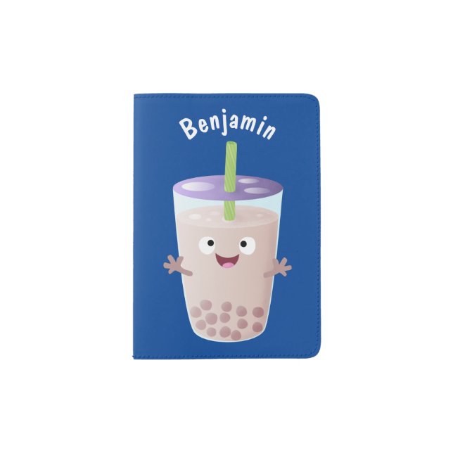 Cute happy bubble tea boba cartoon character passport holder (Front)