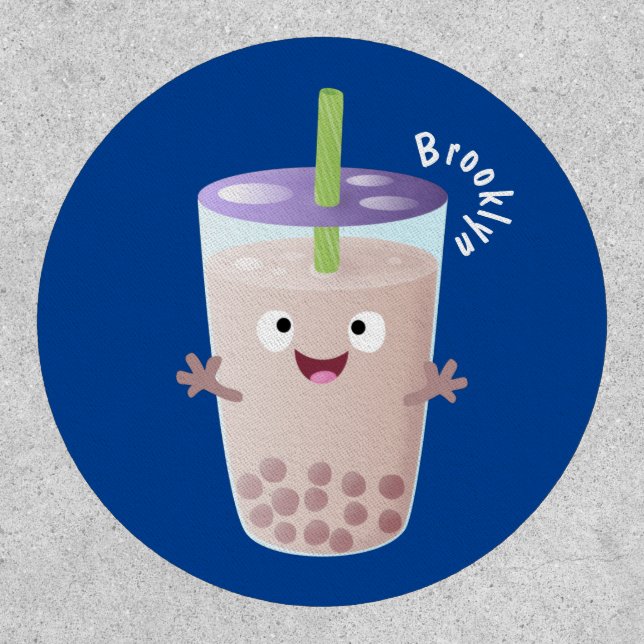 Cute happy bubble tea boba cartoon character  patch (Front)