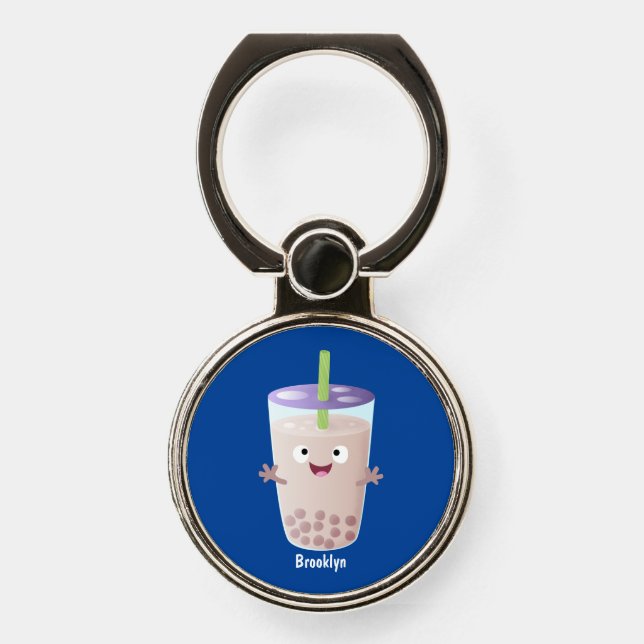Cute happy bubble tea boba cartoon character phone ring stand (Front)