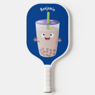 Cute happy bubble tea boba cartoon character pickleball paddle