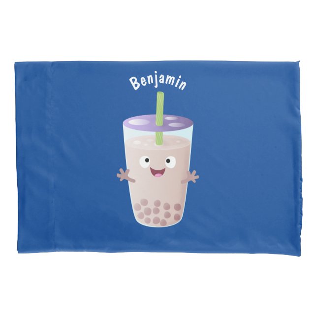 Cute happy bubble tea boba cartoon character pillow case (Front)