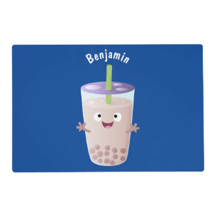 Cute happy bubble tea boba cartoon character placemat