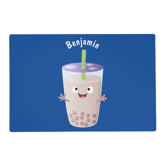 Cute happy bubble tea boba cartoon character placemat (Front)