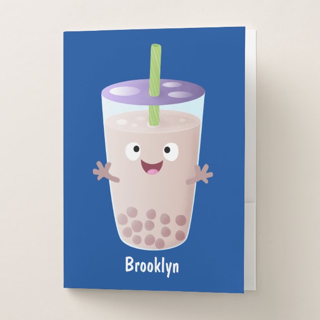 Cute happy bubble tea boba cartoon character pocket folder (Front)