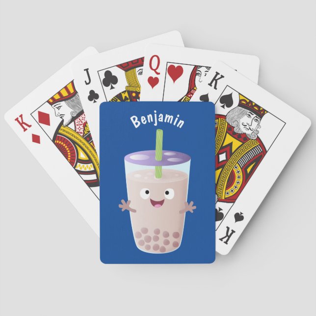 Cute happy bubble tea boba cartoon character poker cards (Back)