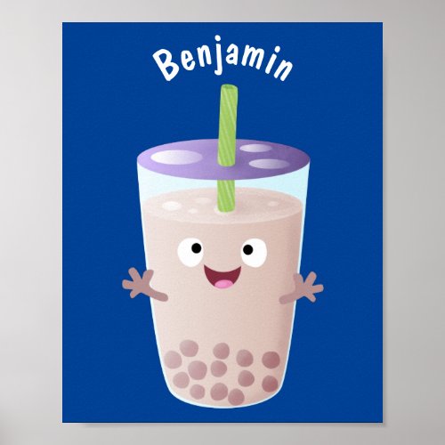 Cute happy bubble tea boba cartoon character poster