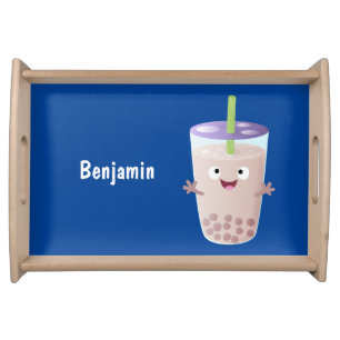 Cute happy bubble tea boba cartoon character serving tray