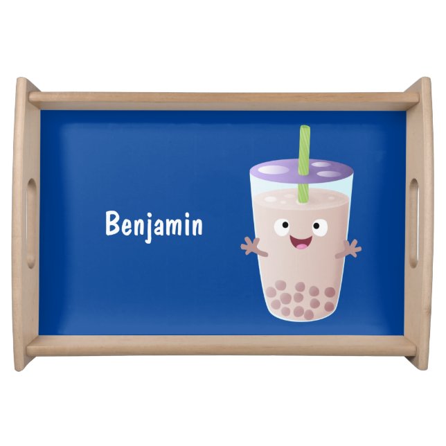 Cute happy bubble tea boba cartoon character serving tray (Front)