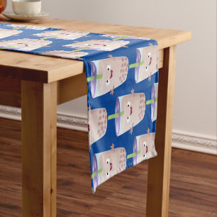 Cute happy bubble tea boba cartoon character short table runner
