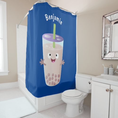 Cute happy bubble tea boba cartoon character shower curtain