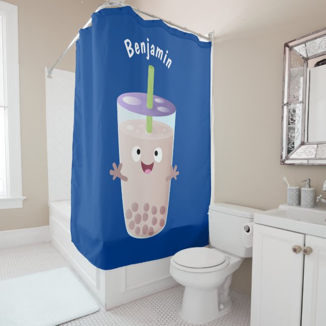 Cute happy bubble tea boba cartoon character shower curtain (In Situ)