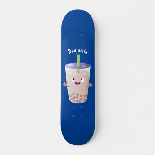 Cute happy bubble tea boba cartoon character skateboard