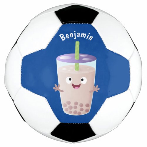 Cute happy bubble tea boba cartoon character  soccer ball